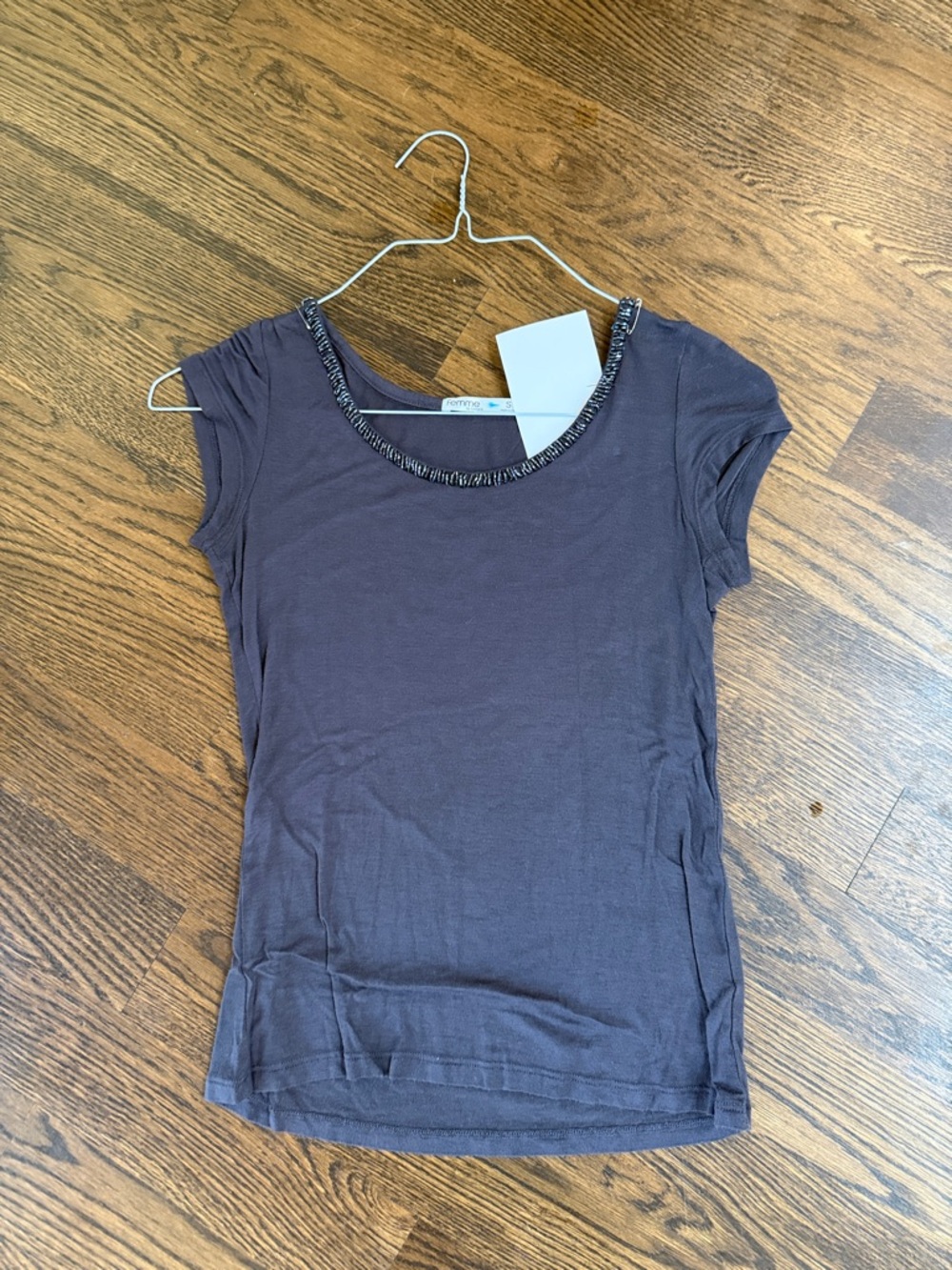 La Femme Short Sleeve Scoop Neck Top with Beaded Trim - Charcoal